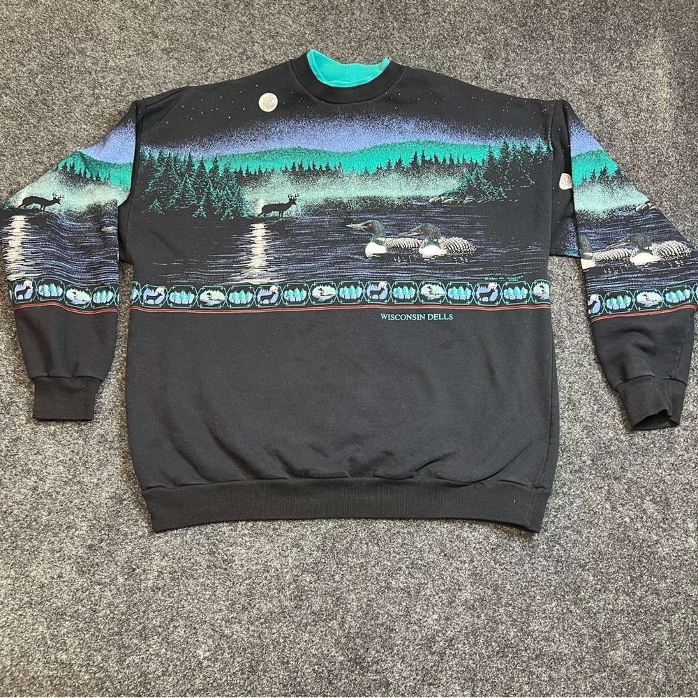 Vintage Wisconsin Dells Crewneck XXL Wildlife Nature Deer Loon Sweatshirt